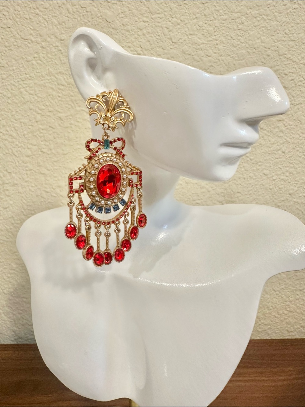 Gold-Plated Red Crystal Chandelier Earrings